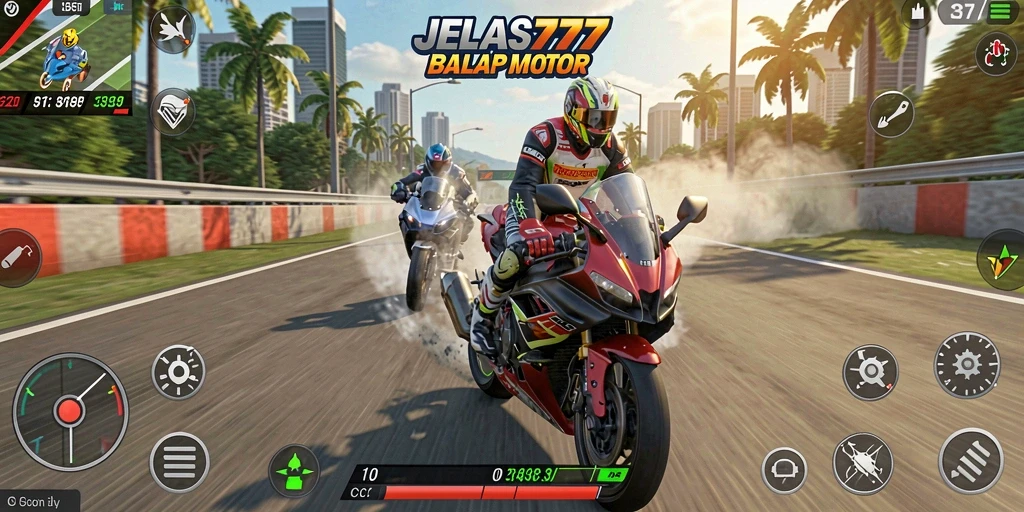 Tampilan gameplay mendebarkan dalam JELAS777 dengan aksi balap motor yang intens.