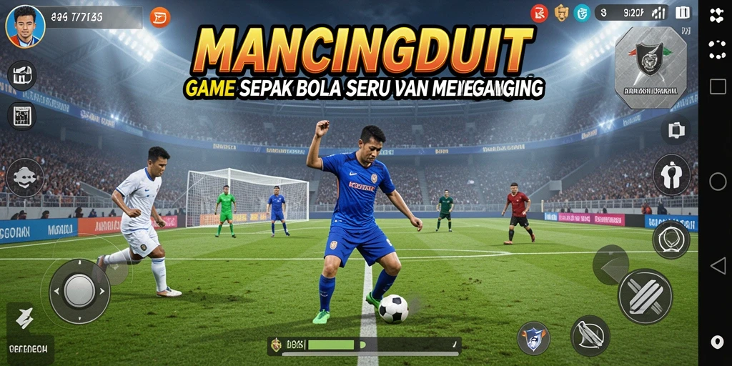 Screenshot MANCINGDUIT menunjukkan aksi seru dalam permainan sepak bola.