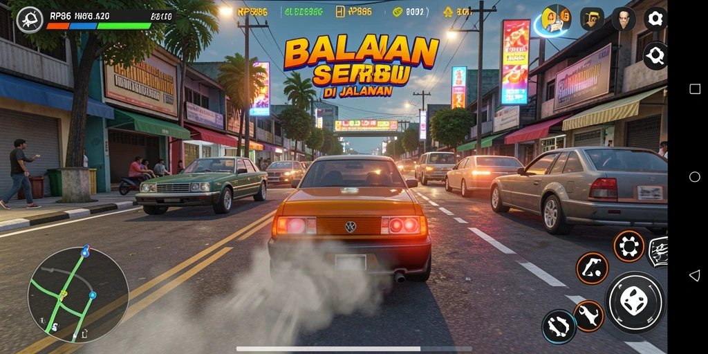 Screenshot RP886 menunjukkan balapan seru di jalanan dengan grafis menawan.